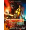 The image is the box art for the board game expansion 'Pandemic: Auf Messers Schneide'. It features dramatic artwork with figures in protective gear, a menacing figure in a gas mask, and a cityscape in the background. Voir les images du produit