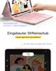 A pink iPad case with a keyboard and stylus holder is shown, with a hand inserting a stylus into the holder. The screen displays a drawing app with a stylus battery indicator. Produktbild-Vorschau