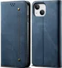 A blue denim leather wallet flip case for an iPhone 15 is shown from the front and side. Produktbild-Vorschau