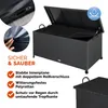 A black rattan storage box with its lid open, showing its interior and features. The image also includes close-up shots of the interior lining and a hand touching it, along with text highlighting product benefits. Produktbild-Vorschau