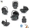 A collage of different views of a black baby car seat, including a close-up of the interior and a separate image of a headrest insert. Náhľad obrázku produktu