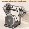 A dumbbell rack with weight plates and a barbell. Produktbild-Vorschau