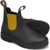 A pair of brown leather Chelsea boots with yellow elastic side panels, shown against a white background. Voir les images du produit
