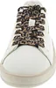 A close-up front view of a white sneaker with leopard print laces. Voir les images du produit