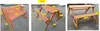 A collage of three images showing a wooden garden bench and table set from different angles, with dimensions indicated by yellow labels. Produktbild-Vorschau
