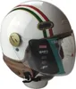 A white motorcycle helmet with green, red, and gold stripes, and a clear visor. Podgląd zdjęcia produktu