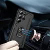 A person's hand holding a black phone case with a ring holder, magnetically attached to a rose gold car mount on a car air vent. Produktbild-Vorschau