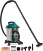 A wet and dry vacuum cleaner with various attachments is displayed against a white background.
