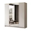 A modern wardrobe with mirrored doors reflecting an armchair and curtains. Produktbild-Vorschau