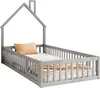A grey wooden house-shaped bed with a mattress and a pillow. Anteprima dell’immagine prodotto