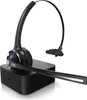A black CSL mono Bluetooth headset with a flexible microphone is shown resting on its black charging station against a white background. Produktbild-Vorschau