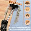 A vacuum cleaner head is shown cleaning a carpet and a wooden floor, with various debris being picked up. To the right, there are circular images showing different types of debris. Voir les images du produit