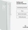 Close-up of a white electric heater with a digital display and a list of safety and comfort features. Náhľad obrázku produktu