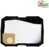 A black plastic container holding a white vacuum cleaner bag and a small brown paper bag with a white circular opening. Produktbild-Vorschau