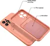 A pink iPhone case with a card slot is shown from an angled perspective, with labels pointing out its features. Produktbild-Vorschau