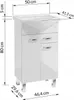 A white bathroom vanity with a sink and chrome legs, shown with measurement annotations. Voir les images du produit