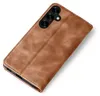 A brown leather flip case for a smartphone, shown from a diagonal angle on a white background. Produktbild-Vorschau