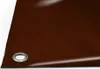 A close-up view of a brown PVC tarp with a metal grommet. Voir les images du produit