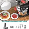 A kitchen appliance with meat grinder attachment, preparing food, with accompanying ingredients and finished dishes. Produktbild-Vorschau