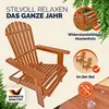 A wooden Adirondack chair is shown with marketing text and icons highlighting its features. Produktbild-Vorschau