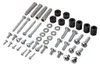 A collection of hardware components, including screws, washers, wall plugs, and spacers, arranged on a white background. Produktbild-Vorschau