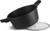 A black pot with a speckled interior and a glass lid is shown tilted on a white background. Produktbild-Vorschau