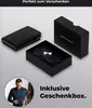 A product shot of a wallet and its packaging, with a man holding the wallet in a circular inset. Produktbild-Vorschau