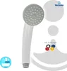 A white shower head with a gray nozzle is shown against a white and light gray background. Several colored rings are displayed below the shower head. Produktbild-Vorschau