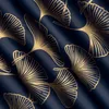 A close-up view of a dark blue fabric with a repeating pattern of golden ginkgo leaves. Náhľad obrázku produktu