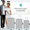 A couple stands next to three suitcases of different sizes, with measurements indicated. Anteprima dell’immagine prodotto