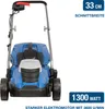 A front view of a blue electric lawnmower against a white background. Produktbild-Vorschau