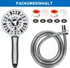 A shower head, hose, and accessories are laid out on a white background. Produktbild-Vorschau
