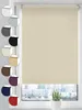 A cream-colored roller blind is shown hanging in a window, with a cityscape visible outside. A row of color swatches for different blind colors is displayed on the left side of the image.
