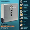 A product image of a silver mailbox with various features highlighted by text and icons. Náhled obrázku produktu