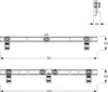Technical drawings of a bathtub support system, showing dimensions and different configurations. Anteprima dell’immagine prodotto