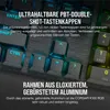 Close-up of a gaming keyboard with illuminated keys and descriptive text overlays. Produktbild-Vorschau