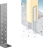 A metal L-shaped bracket and a diagram showing its use to secure a wooden post to a concrete surface. Produktbild-Vorschau