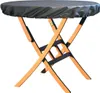 A round table covered with a black protective cover, supported by a wooden folding frame. Produktbild-Vorschau