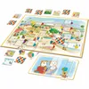 A board game with animal characters set in a zoo environment, featuring game pieces, cards, and a die. Produktbild-Vorschau