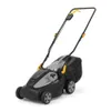 A black and gray ALPINA Akku-Rasenmäher AL 3420 Li lawnmower with yellow accents, shown from a three-quarter front angle on a white background. Produktbild-Vorschau