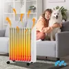 A woman and her dog are sitting on a couch next to a white oil radiator that is emitting heat. Produktbild-Vorschau