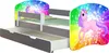 A children's bed with a unicorn theme, featuring a pull-out drawer. Podgląd zdjęcia produktu