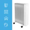 A white oil radiator is shown next to a blue panel with four icons representing product features. Produktbild-Vorschau