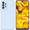 A collage showing the front and back of a light blue Samsung Galaxy A33 5G smartphone. The screen displays a colorful, abstract pattern. Produktbild-Vorschau