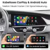 A collage of images showing a car's dashboard with a large screen displaying a car infotainment system, and two smaller images of hands holding smartphones displaying CarPlay and Android Auto interfaces. Anteprima dell’immagine prodotto