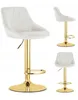 A collage of three images of a white velvet bar stool with a gold base and stem. Produktbild-Vorschau