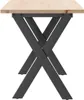 A side view of a wooden top table with a dark gray X-shaped metal base. Produktbild-Vorschau