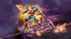 A dynamic scene depicting a large blue and gold robot mech engaged in battle with smaller pink and black mechs, set against a dramatic purple and orange sky with a distant city silhouette. Voir les images du produit
