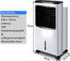 A product image showing a white air cooler with dimensions and specifications displayed on the left side. Produktbild-Vorschau