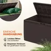 A close-up view of a brown outdoor storage box with its lid open, showing cushions inside, alongside a larger view of the open box and text highlighting its features. Anteprima dell’immagine prodotto
